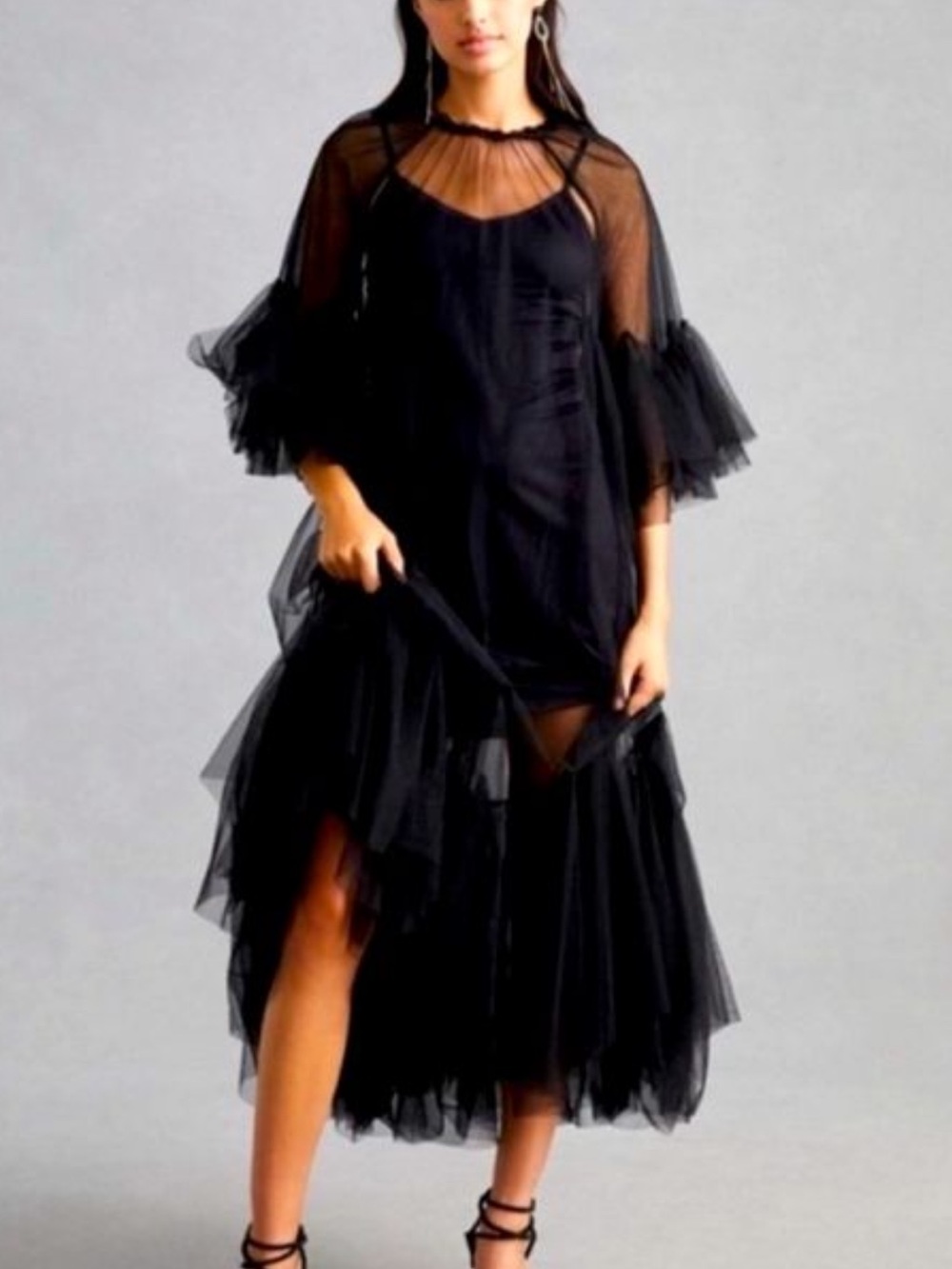Anthropologie Black Sheer Tiered Tulle Maxi Dress